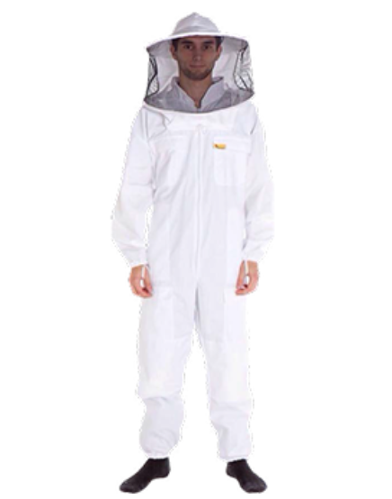 Bee Keeping Suit – Full Body Protective Coverall with Fencing Veil, Breathable Mesh Panels, Elastic Wrists & Ankles, Multiple Pockets, White, Cotton Blend, Sizes S-XXL for Apiary Safety